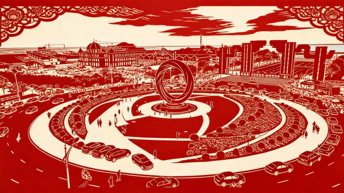 将图片转换为剪纸画风格，保留环岛雕塑、建筑和人群的轮廓细节，呈现传统剪纸的镂空质感预览效果