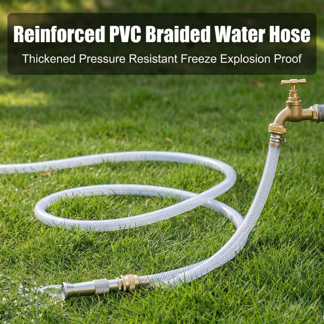 [Main Image 2] Garden watering usage scenario, PVC fiber water hose connected to faucet and nozzle,预览效果