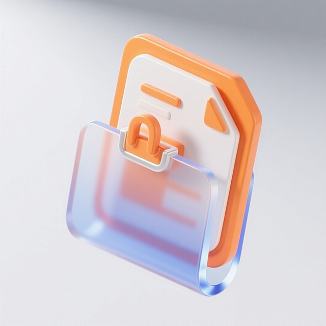 科技感十足的3D轻拟物图标，融合玻璃与塑料质感，橙白配色清新通透，象征数据安全，未来感设计。