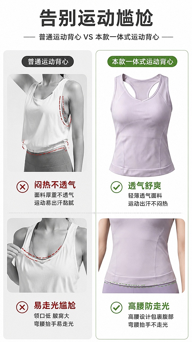 「图片1」，生成一套详情页，商品名称为瑜伽网球裙女夏季高腰防走光运动上衣一体式运动背心女，单图比例为9:16，需求屏数为20张。锦纶94%氨纶6%