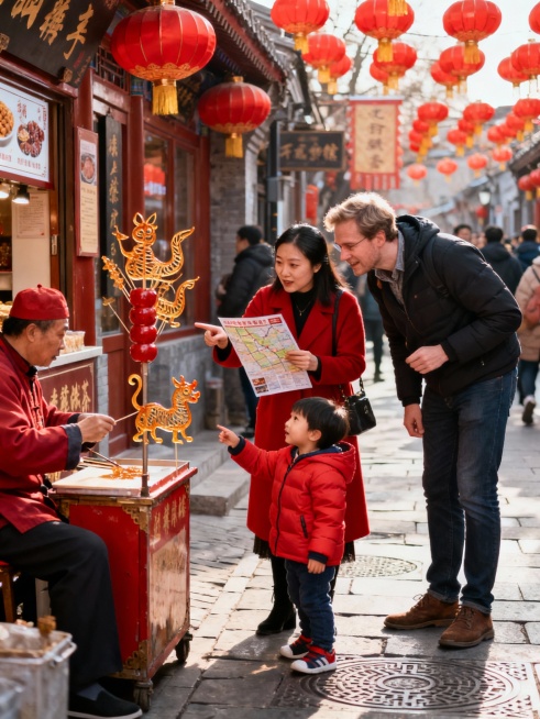 一个中国母亲 一个外国父亲和一个小孩春节在北京旅游画面，10张景点游玩，几张有导游的图预览效果