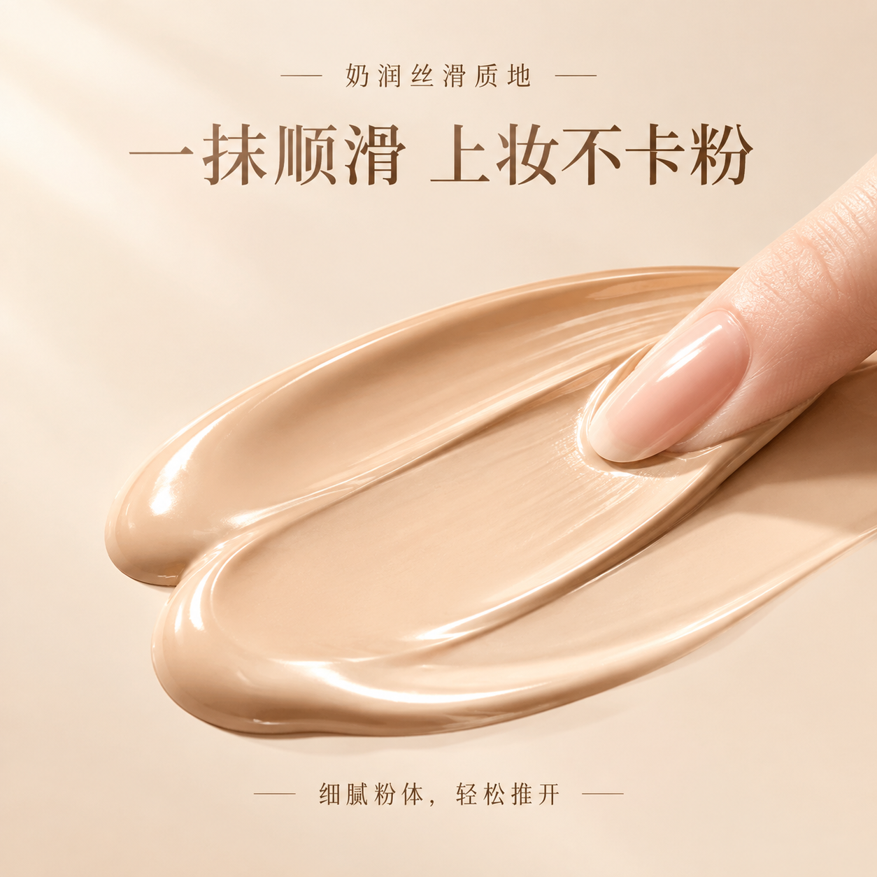 美妆商业特写，浅米色粉底液膏体，丝绸流动质感，手指一抹推开的粉… - 图片创意预览