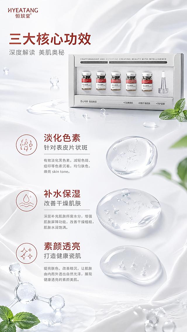 [第4张] 核心功效展示页-三大功效深度解读。本张使用【图2】作为商品主体。
[氛围/风格] 清新水光风，浅白渐变背景，水润通透，植物精华元素，自然纯净。
[元素布局] 产品套盒置于画面右上区域，占比约40%；左侧和下方分布三大功效板块，每个板块配对应图标和精华液质地水滴元素；画面左下角有透明水分子结构和薄荷叶装饰；背景有丝绸般的白色褶皱布料质感，点缀晶莹水珠。产品外观与输入图一致。
[光影质感] 柔和自然光，左侧主光，产品通透有光泽，水滴晶莹剔透，整体清新明亮。
[配色色系] 全局底色 #F7FAFC 纯白渐变；主色白色+浅灰；辅助色薄荷绿、酒红、透明水蓝。
[视角构图] 右产品左信息，斜角构图，阅读动线左上标题 → 右侧产品 → 左下三大功效。
[文字版式] 左上角大标题「三大核心功效」；下方三个功效模块竖向排列，分别为「淡化色素 针对表皮片状斑」「补水保湿 改善干燥肌肤」「素颜透亮 打造健康瓷肌」，每项配圆形图标和说明文字；文字不遮挡产品。
[比例分辨率] 9:16竖版比例，4K分辨率，文字清晰可辨，高清画质。
[负向提示词] 产品变形，颜色偏差，包装文字错乱，水印，价格标签，优惠信息。