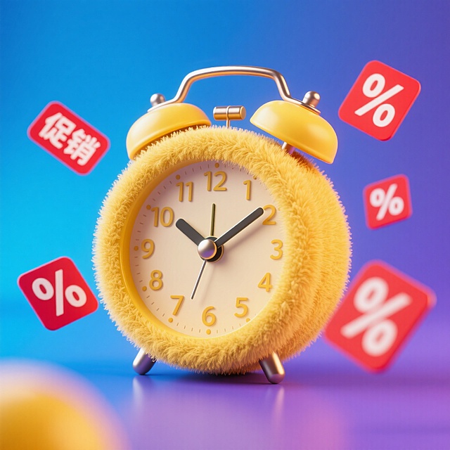 软3D风促销时钟，毛绒质感与百分比符号环绕，营造温馨促销氛围。