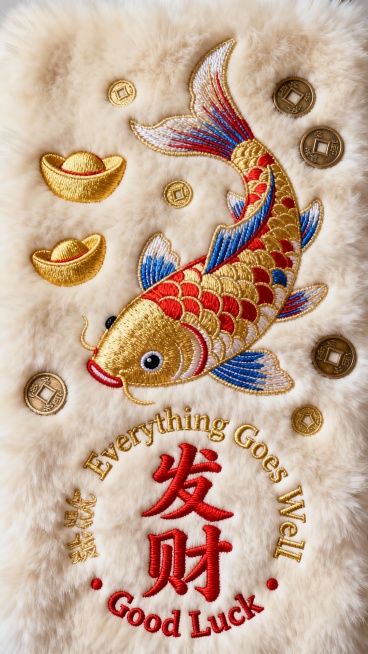 米白色毛绒材质背景上，中心位置有一个色彩改为金色、红色和蓝色相间的鲤鱼刺绣图案，鲤鱼姿态灵动，周围点缀着金色的元宝和铜钱刺绣元素。正下方是醒目的红色“发财”刺绣大字，字体饱满有力，周围环绕着金色和红色的中英文吉祥祝福语刺绣，包括“Everything Goes Well”和“Good Luck”，整体保持传统中式刺绣的精致工艺和浓厚的发财喜庆氛围，画面构图层次分明，视觉焦点突出。预览效果