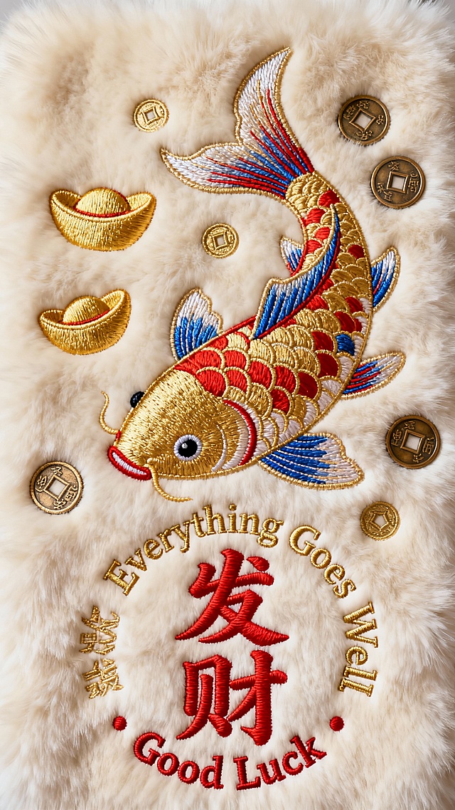 米白色毛绒材质背景上，中心位置有一个色彩改为金色、红色和蓝色相间的鲤鱼刺绣图案，鲤鱼姿态灵动，周围点缀着金色的元宝和铜钱刺绣元素。正下方是醒目的红色“发财”刺绣大字，字体饱满有力，周围环绕着金色和红色的中英文吉祥祝福语刺绣，包括“Everything Goes Well”和“Good Luck”，整体保持传统中式刺绣的精致工艺和浓厚的发财喜庆氛围，画面构图层次分明，视觉焦点突出。