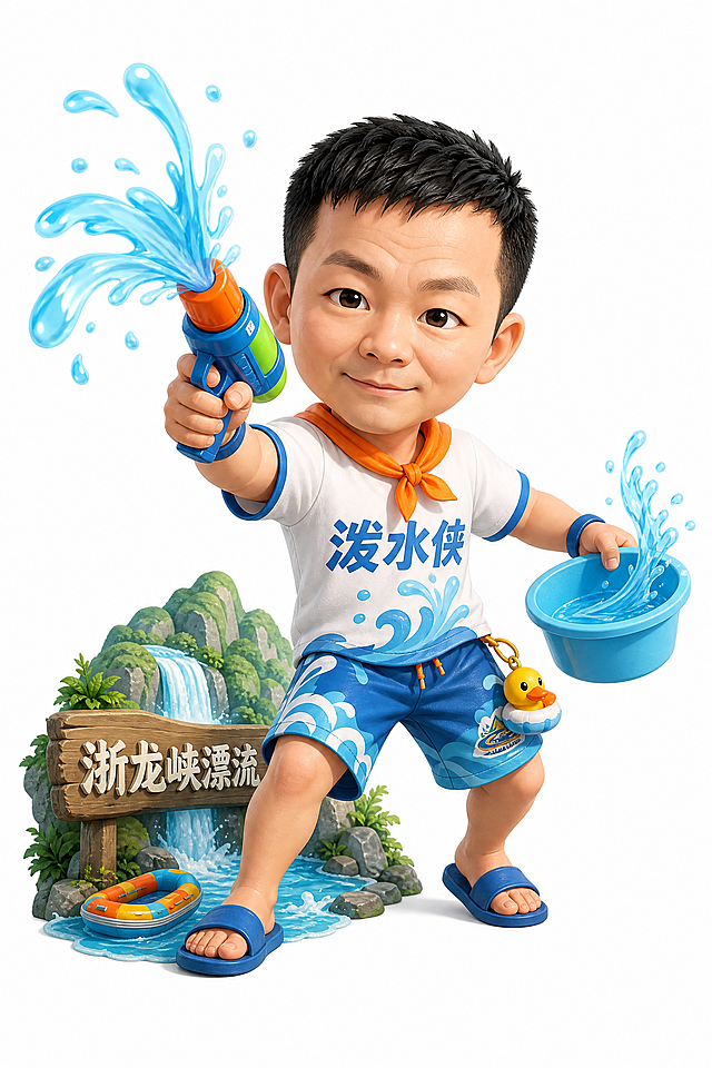 基于参考图中男子的脸部特征，将其设计为Q版卡通NPC形象【泼水侠】，浙龙峡漂流主题，身穿玩水休闲装，手持水枪或水盆正在泼水，水花四溅，欢乐俏皮的表情，山水溪流背景，卡通3D风格，活泼有趣，色彩明亮，人物全身立绘，白色背景