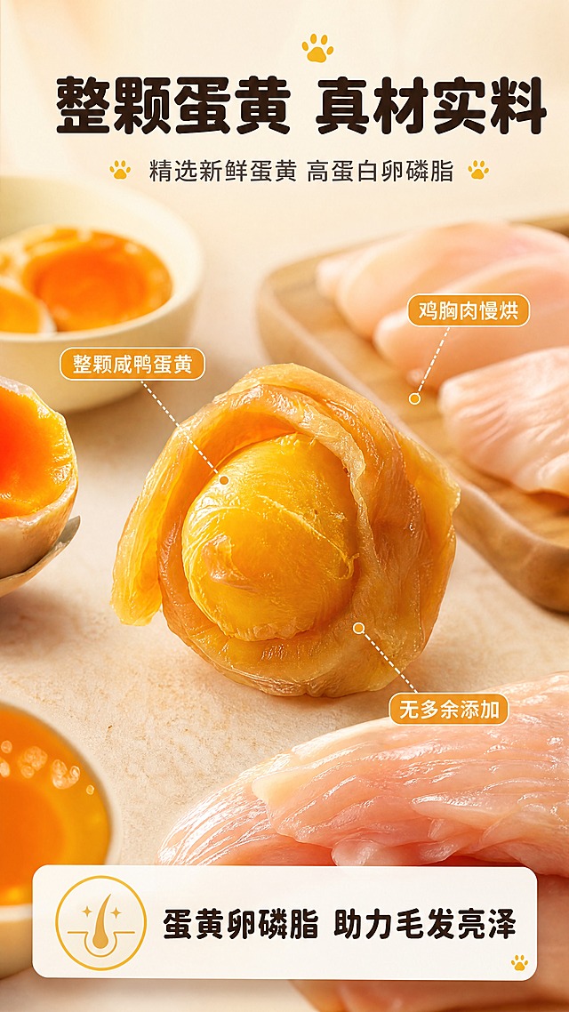 [商品] 使用【图8】手指捏持的鸡肉绕蛋黄（浅色款）；保留整颗蛋黄、鸡肉螺旋包裹结构、金黄肉质纹理；商品处理：保留原貌，放大蛋黄油润质感和肉层纤维细节，不改变形状比例。
[画面] 目标：成分原料专张，突出整颗真蛋黄+纯肉包裹的原料优势。构图：中心放大产品占画面50%，周围环绕新鲜蛋黄、鸡胸肉切片原料实拍（原料元素合计占画面≥30%），底部信息卡。景别：微距特写，蛋黄切面细节清晰可见，前中后景层次分明。
[视觉] 套系策略：风格=暖调治愈系宠物零食商业摄影；标题字=圆润粗黑体；正文字=简洁无衬线体；主色=浅米杏；背景延展=基于浅米杏做深浅层级、同色渐变和细腻哑光纸张/木质质感；强调色=暖橙黄，仅用于小面积图标、引线和标签；标题色=深棕褐；正文色=中暖灰；组件=圆角浅底信息卡、细线引线、爪印小图标；光影=左前侧暖柔光，产品表面有自然高光。
[文字] 顶部主标题"整颗蛋黄 真材实料"，副标题"精选新鲜蛋黄 高蛋白卵磷脂"；中部用引线标注：整颗咸鸭蛋黄、鸡胸肉慢烘、无多余添加；底部信息卡写"蛋黄卵磷脂 助力毛发亮泽"；原料元素大且占主画面，非小icon点缀；全部横排。
[规格] 图片比例9:16竖版，4K，避免变形、错字、文字过小、冷蓝背景、虚假医疗功效、绝对化用语。