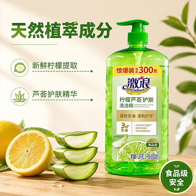 [主图-3] 激浪柠檬芦荟洗洁精成分细节展示图。[氛围风格] 自然清新，突出天然植萃成分安心感。[画质] 商业摄影质感，微距清晰，细节丰富。[元素] 保持产品瓶身外观不变，产品放置在画面右侧，左侧展示切开的新鲜柠檬和切片芦荟，叶片翠绿饱满，柠檬果肉鲜亮多汁，都放在浅木色桌面上，整体清新自然。保持产品外观（物理结构、材质质感、颜色）与输入产品图绝对一致，杜绝任何变形和色差，精细化处理。商品占比约60%，画面元素丰富不拥挤。[光影] 柔和自然光从左侧照射，突出柠檬和芦荟的新鲜质感，瓶身通透干净。[配色] 主色绿色和原木浅棕色，背景浅米色，清爽自然。[视角构图] 平视，近景特写构图，元素主次分明。[文字版式] 顶部主标题大字写"天然植萃成分"，深绿色粗体；下方引线分别标注"新鲜柠檬提取"和"芦荟护肤精华"，文字清晰，排版松散透气，不遮挡产品和新鲜原料。右下角圆形徽章标注"食品级安全"。[输出要求] 1:1 比例，文字清晰锐利，超高清商业摄影质感。[负向提示词] 变形，文字错乱，产品图模糊，背景杂乱，水印，电商平台Logo。