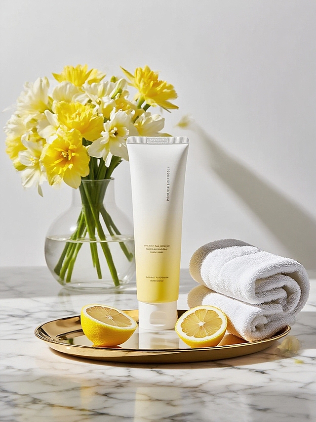 商业静物摄影。主体置于大理石的金色托盘上（折叠的毛巾和柠檬切片点缀），后景是白色背景和黄白色系插花的花瓶。简约高级的光影。
