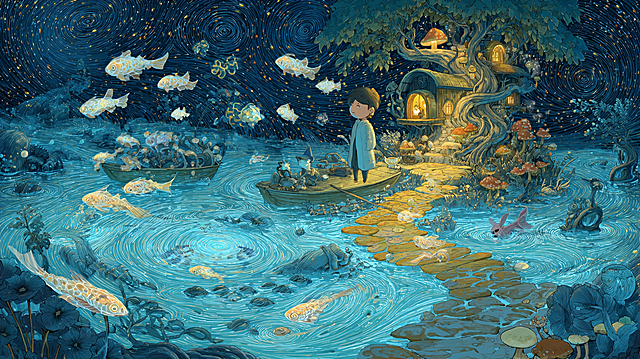 Whimsical night scene: a child in pajamas on a leaf-boat follows a swirling galaxy of bioluminescent fish and transparent, organ-glowing dream fish. The path leads to a floating treehouse with mushroom lamps, a snail-shell chimney, and glowing vines, surrounded by friendly nocturnal creatures. Studio Ghibli style, magical realism, hyper-detailed, serene and awe-inspiring.