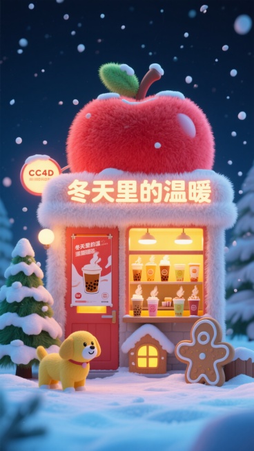 冬天的夜晚，巨大的红苹果形状奶茶店，店门口挂着奶茶海报，上面写着“冬天里的温暖”，店内陈列着各种口味的奶茶杯，杯口冒着热气，门口有一只可爱的黄色小狗，旁边是一棵覆盖着白雪的松树，姜饼屋样式的窗户透出暖预览效果