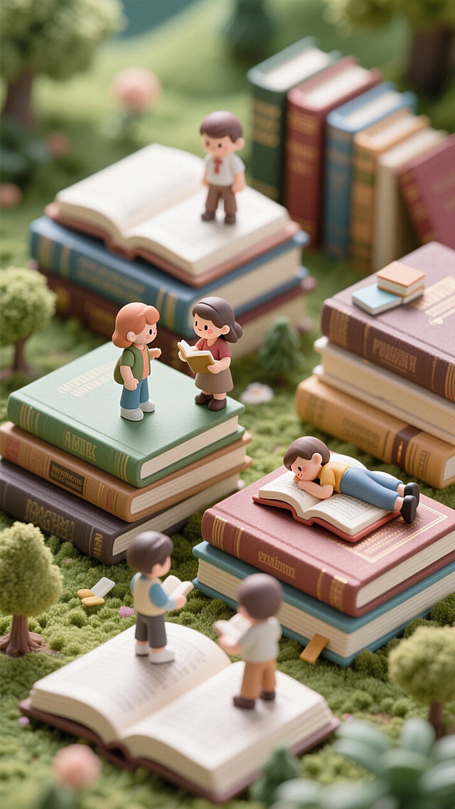 清新卡通3D风，微缩艺术展现书海中的童趣世界，生动可爱。