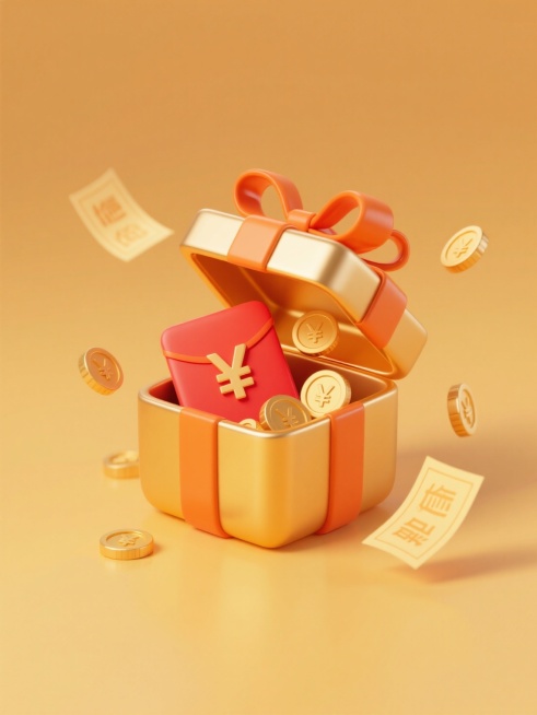 简约现代风格促销元素系列素材，纯色背景，规整排布的单一元素图案，金色立体礼盒带有橙色蝴蝶结，礼盒内部打开露出红色红包和散落的金币，金币带有¥符号，礼盒周围有飘扬的金色优惠券，整体采用明亮的橙黄色调，光滑的塑料质感，柔和的高光和阴影，简洁的线条，清晰的轮廓，画面干净整洁，突出促销元素的喜庆与价值感预览效果