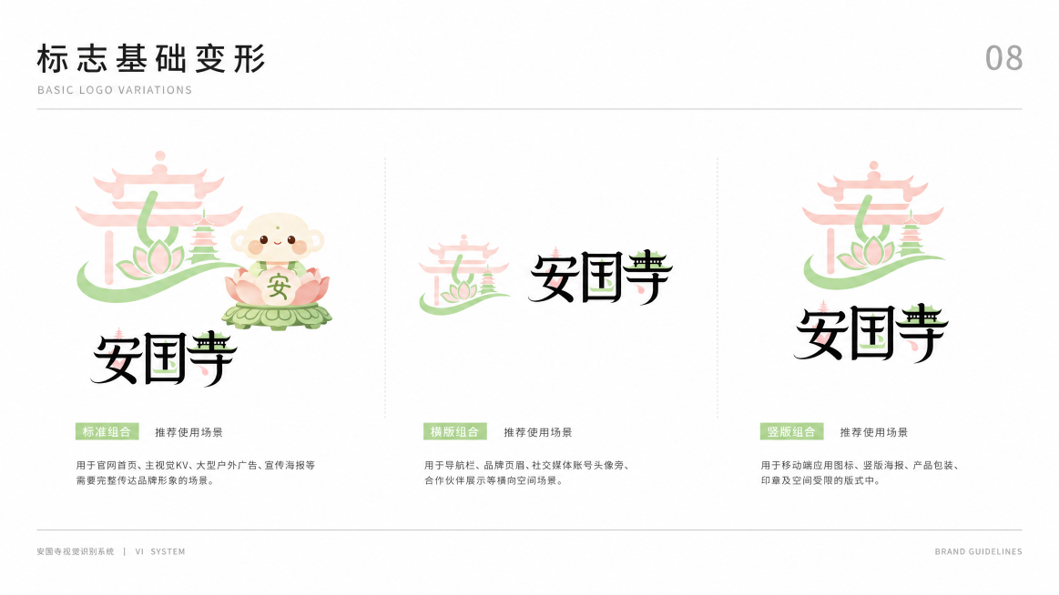 [第8页 标志基础变形] 16:9横版VI手册页面，国际主义设计风格，等距网格排版，白色背景，页面横向排布3款不同比例的安国寺标志变形版本，顶部放置标题"标志基础变形"，下方小字标注变形使用场景，排版预览效果