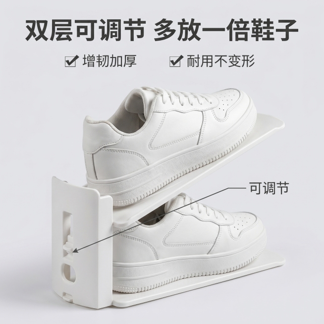 [主图 2] 双层可调节鞋托架容量结构展示图，修整为每层放置一只鞋，总共两层放两只鞋
[氛围风格] 清晰展示产品结构，突出分层可调节卖点
[画质] 商业摄影质感、光线柔和通透、产品清晰真实、画面干净高预览效果