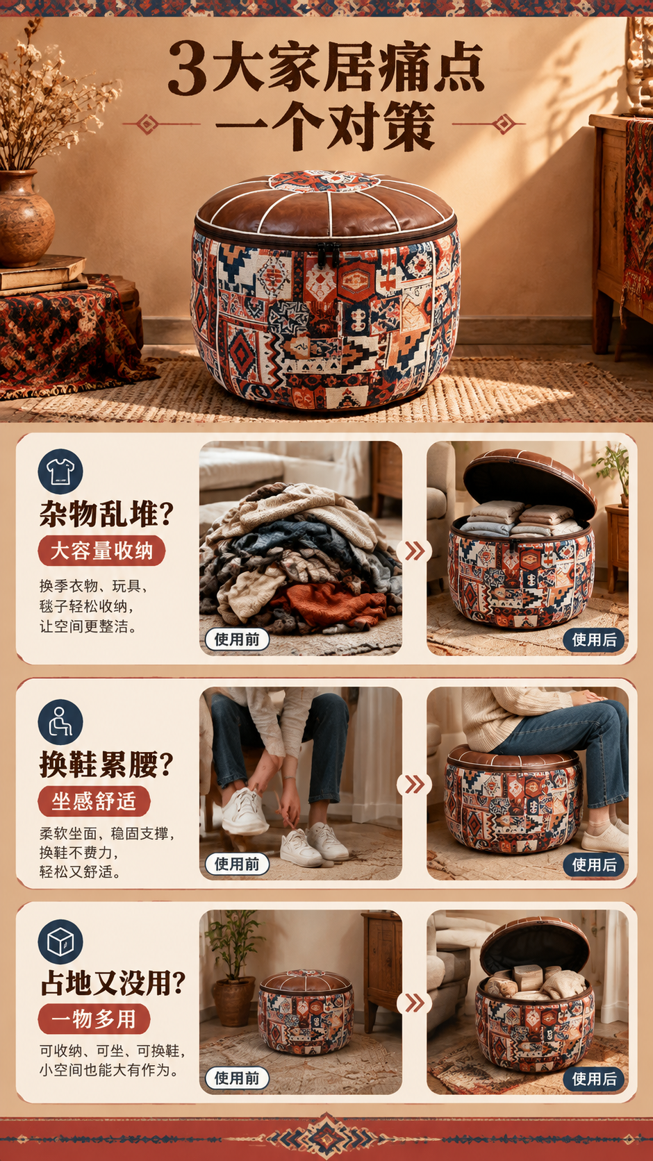 [商品] 使用【图2】民族风上开口拉链收纳凳；保留圆形鼓形结构… - 图片创意预览