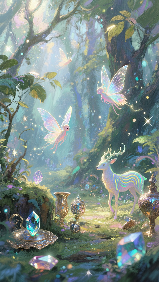 流光溢彩的梦幻森林，各种奇珍异宝，各种参天植物，各种梦幻小精灵挥动着翅膀，来回飞舞，各种奇奇怪怪的动物来回穿梭