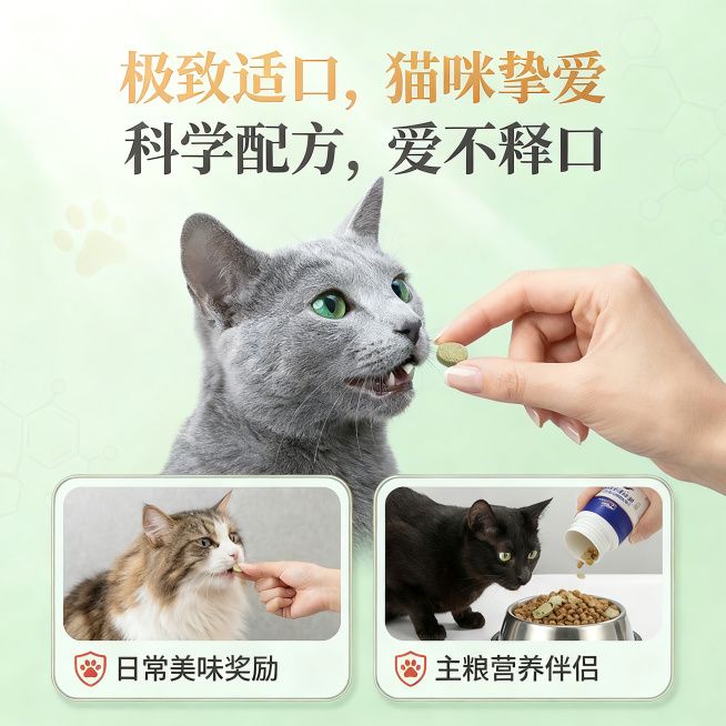 宠物化毛片详情页第三张，参考图2构图，主题是"极致适口，猫咪挚爱 科学配方，爱不释口"，浅绿色轻松环保背景，主图是一只灰猫吃化毛片的实拍，下方两个圆角卡片分别展示"日常美味奖励"和"主粮营养伴侣"的使预览效果