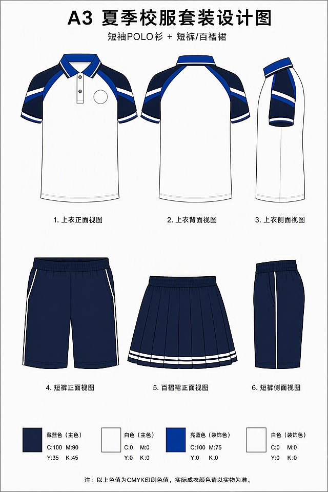 A3尺寸竖版夏季校服套装设计图，完全参照第一张参考图的六视图排版布局和字体风格，顶部标题为"A3 夏季校服套装设计图"，副标题"短袖POLO衫 + 短裤/百褶裙"。上排三件为上衣：1.上衣正面视图 2.上衣背面视图 3.上衣侧面视图；下排三件为下装：4.短裤正面视图 5.百褶裙正面视图 6.短裤侧面视图。底部为颜色说明色块，标注CMYK色值，底部加备注文字"注：以上色值为CMYK印刷色值，实际成衣颜色请以实物为准。"。服装款式严格参照后4张实拍图：上衣为白色主体短袖POLO衫，插肩袖设计，肩部藏蓝色+亮蓝色双层拼接，带一条白色斜向条纹，袖口为藏蓝+白+亮蓝多层条纹罗纹，POLO领为亮蓝色配白+藏蓝双条纹边，门襟两颗纽扣，左胸预留圆形校徽空白位置。短裤为藏蓝色运动短裤，松紧腰头，两侧侧缝有白色细线条装饰，侧边口袋。百褶裙为藏蓝色百褶短裙，松紧腰头，裙摆边缘两道白色条纹装饰。颜色严格参照实拍图：上衣主体白色、肩部藏蓝色、装饰亮蓝色、装饰白色、下装藏蓝色。整体为服装设计线稿填色风格，干净白底，专业服装设计效果图，矢量插画风格，线条清晰工整，CMYK色彩模式，300dpi以上印刷级清晰度，排版与第一张参考图完全一致。