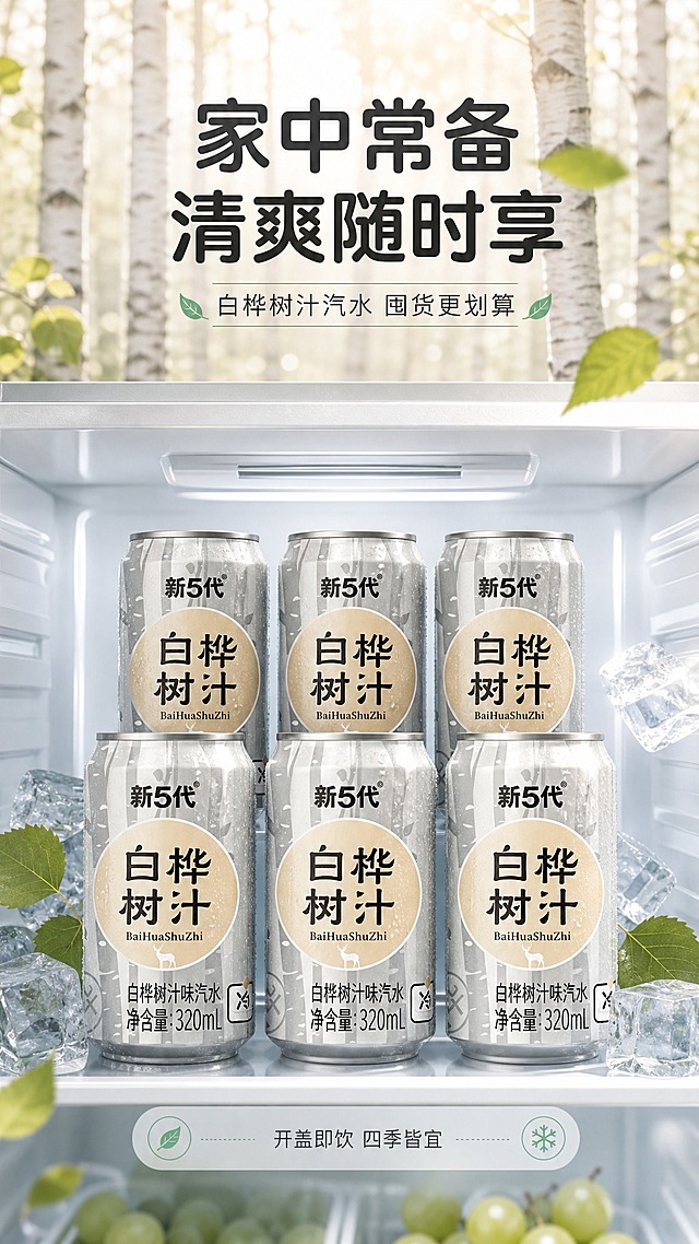 [商品] 使用【图1】白桦树汁风味汽水银色易拉罐，6罐整齐排列成2排3列的陈列矩阵，约占画面50%；每罐均保留所有文字、Logo、图案和颜色完全不变，罐身有轻微冷凝水珠。
[画面] 目标：收尾转化-囤货陈列型，多罐汽水陈列，营造囤货回购氛围。构图：产品矩阵居中偏下，背景为白桦林与冰箱门内的融合场景——上半部分是虚化的白桦林阳光，下半部分是冰箱内部的冷藏格，汽水罐整齐摆放在冰箱隔板上，周围有少量冰块和白桦叶点缀。前景有几片飘落的白桦叶。营造"家里常备、冰箱囤货"的生活感。≥3层视觉层次。
[视觉] 套系策略：风格=清新自然商业摄影风，高质感3D渲染级；标题字=现代无衬线粗体，圆润简洁；正文字=纤细无衬线体；主色=银白+浅米杏；背景延展=基于白桦林银白灰调做深浅层级、同色渐变和细腻树皮/树叶纹理质感；强调色=薄荷青绿，仅用于小面积图标、引线和标签高光；标题色=深炭灰；正文色=中暖灰；组件=圆角半透明白色信息卡、细线引线、叶片装饰元素；光影=冰箱内冷光+林间暖光融合，整体明亮温馨。
[文字] 画面上方主标题"家中常备 清爽随时享"，副标题"白桦树汁汽水 囤货更划算"；底部一行小字"开盖即饮 四季皆宜"；文字横排，不遮挡产品陈列主体。
[规格] 图片比例9:16竖版，4K，负向提示：避免过度促销话术、虚假价格信息、罐体排列变形、错字、冷蓝主色调过重。