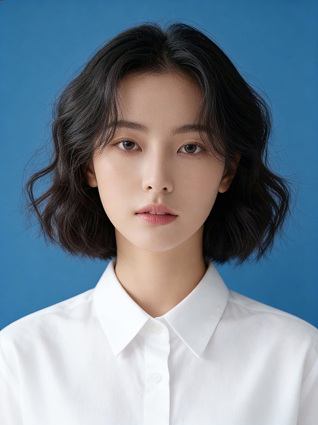 一个女生，工作形象照，蓝色背景，白色衬衫