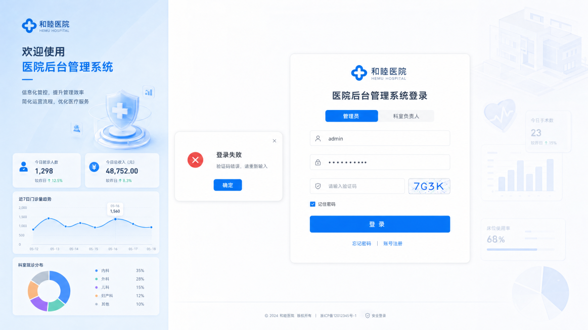 医院后台管理系统登录页，按照参考图的浅蓝色简洁现代UI风格设计，包含医院LOGO、登录表单（用户名、密码输入框）、验证码、“记住密码”勾选框、登录按钮；底部设忘记密码、账号注册入口，支持角色切换（管理预览效果