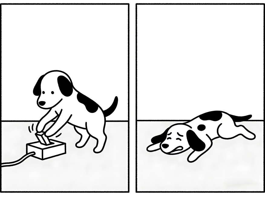 参考这张图的极简黑白线条漫画风格，画面整体分为左右两个竖框，左侧框内是一只黑白斑点小狗，用前爪按压在地上的一个开关按钮；右侧框内是一只长得和左侧一模一样的小狗，痛苦地趴在地上，地上没有开关。保持这种简预览效果