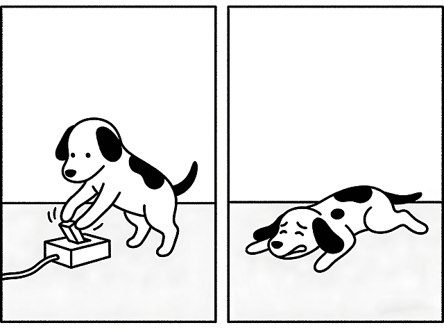 参考这张图的极简黑白线条漫画风格，画面整体分为左右两个竖框，左侧框内是一只黑白斑点小狗，用前爪按压在地上的一个开关按钮；右侧框内是一只长得和左侧一模一样的小狗，痛苦地趴在地上，地上没有开关。保持这种简单的黑白线条插画风格，不要多余的元素和颜色。