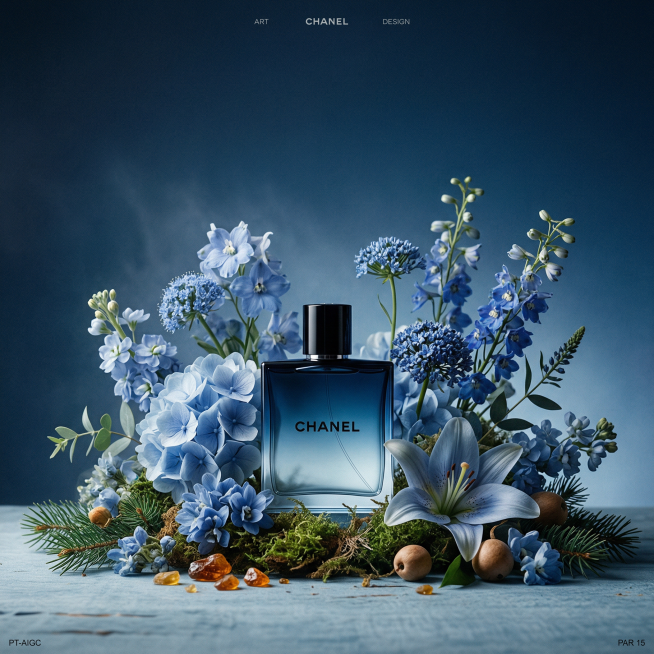 产品静物摄影，极简主义，留白美感，远景，正面视角，低角度拍摄，偏下构图；高级海报，画面柔谧雅致，散发自然诗意氛围。视觉核心为标有黑色墨水logo"Chanel"的蓝调香水瓶：瓶身主色调为透明深蓝色渐变预览效果