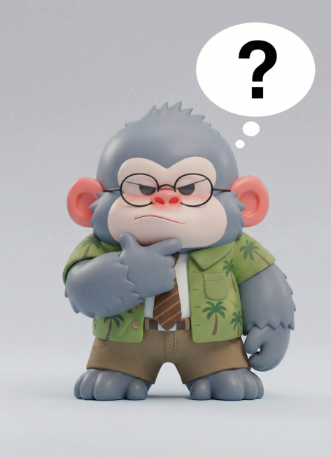 怎么不说话了 🤨

画面设定：

猩猩单手托腮，眯眼露出狐疑表情
头顶冒出一个巨大的 "？" 气泡
西装微微歪斜，表现不耐烦但又克制
背景淡灰色+轻微噪点（暗示“冷场”）
提示词：

职场猩猩 +预览效果