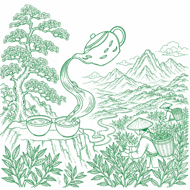 参考原图的绿色线稿风格，重新生成：画面右侧开阔区域远处是山脉，前景有茶树和挑茶的工人，补充完整画面左侧的松树，保持原有的茶壶向茶杯倒水的主体构图预览效果