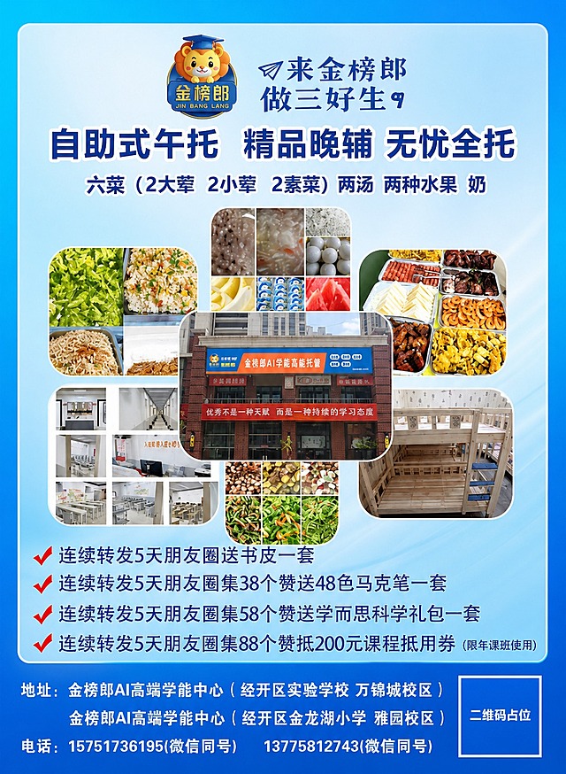 参考原图的版式结构和内容布局，将整体背景改为蓝色系渐变背景（天蓝色到深蓝色渐变），营造专业清爽的教育氛围。保留原图所有文案内容和排版结构：顶部是金榜郎logo和"来金榜郎 做三好生"标语，主标题为"自助式午托 精品晚辅 无忧全托"，副标题为"六菜（2大荤 2小荤 2素菜）两汤 两种水果 奶"。中间区域保留多图拼贴布局，展示餐饮美食照片、校区门头照片、教室环境照片、宿舍床铺照片、食材照片等，图片排列方式与原图一致。下方福利区域保留4条带红色对勾的转发福利条目："连续转发5天朋友圈送书皮一套"、"连续转发5天朋友圈集38个赞送48色马克笔一套"、"连续转发5天朋友圈集58个赞送学而思科学礼包一套"、"连续转发5天朋友圈集88个赞抵200元课程抵用券（限年课班使用）"。底部保留两个校区地址和两个电话号码，右下角保留二维码占位符（纯色方块，中央标注"二维码占位"文字）。整体色调改为蓝色主调，文字颜色适配蓝色背景（白色或深蓝色文字），版式精美，层次清晰，所有信息区域填充完整，无空白占位。画面中所有数字必须精确渲染，不得错位、遗漏或编造。