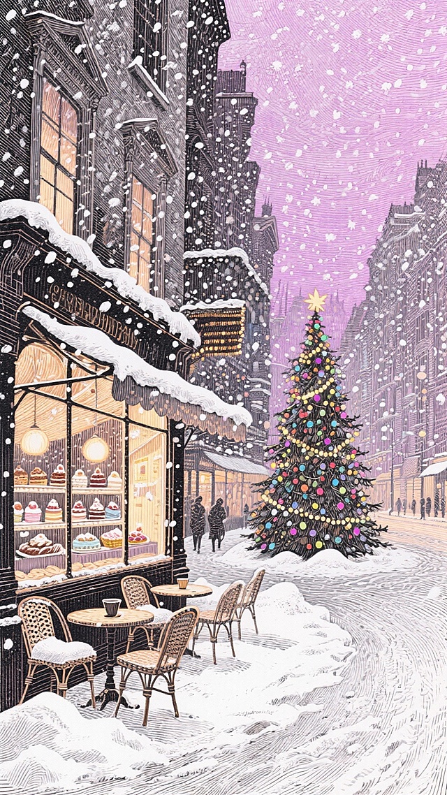 都市圣诞街景，甜品店橱窗亮暖光，积雪咖啡座，圣诞树缀彩灯，粉紫天空飘雪