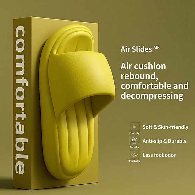 将图中所有中文修改为英文，保持原布局不变：空气拖 AIR Air Slides AIR，气垫回弹 舒适解压 Air cushion rebound, comfortable and decompressing，柔软亲肤 Soft & Skin-friendly，防滑耐磨 Anti-slip & Durable，不易臭脚 Less foot odor，弹力 Elasticity，防滑 Anti-slip，透气 Breathable，修改尺寸为800*800，保持清晰度不变，颜色无色差
