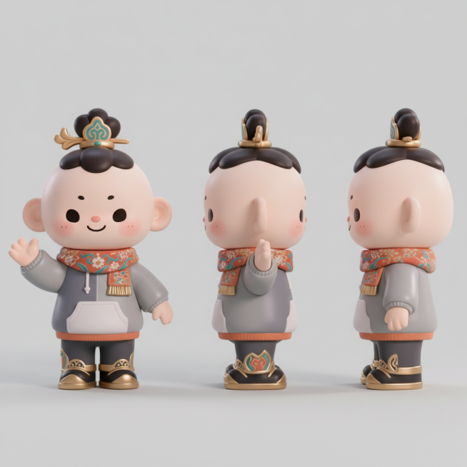 以这个形象为基础设计三视图，保证校色一致性预览效果