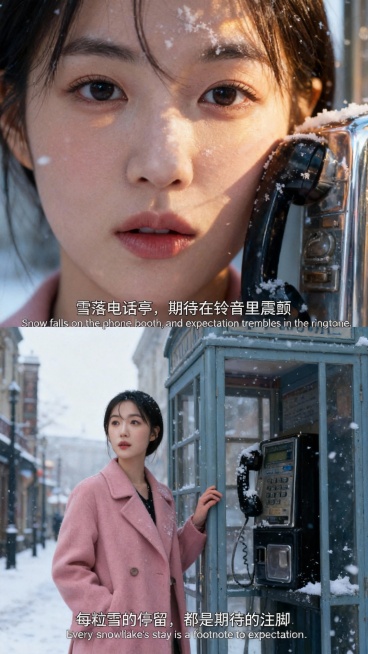 生成一张两宫格冬日电影感叙事写真，上中下2屏均分拼图，服装、发型保持一致，穿粉色大衣，地点是复古街道。
上宫格：大特写镜头，女生脸部特写，雪花沾在复古电话亭的金属反光在她脸上，冷光与暖光交织，眼神带点预览效果