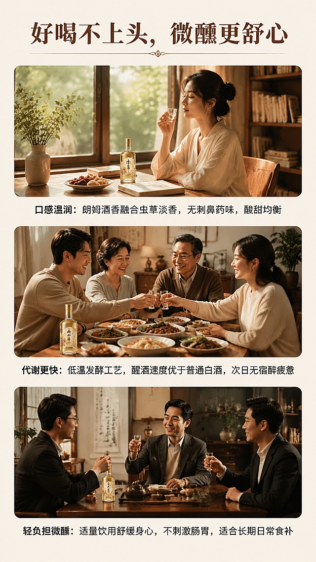 [第8屏] 饮用体验优势，好喝不上头微醺更舒心。
[氛围/风格] 氛围感生活场景，自然温馨，中式高级感
[元素布局] 三张小场景图竖向排列，依次为窗边独酌、家庭餐桌碰杯、商务茶室小聚，每个场景图下方对应一条优势文案，场景图占每个区块约70%
[光影质感] 每个场景自然氛围感光影，真实柔和，还原真实饮用场景感受
[配色色系] 全局底色#F0ECE3，主色暖浅底色，辅助色深棕色标题，黑色正文
[视角构图] 三场景竖向排列，从上到下依次浏览，整体舒适均衡
[文字版式] 顶部大标题：好喝不上头，微醺更舒心，下方三个场景每个场景对应一条优势：口感温润：朗姆酒香融合虫草淡香，无刺鼻药味，酸甜均衡；代谢更快：低温发酵工艺，醒酒速度优于普通白酒，次日无宿醉疲惫；轻负担微醺：适量饮用舒缓身心，不刺激肠胃，适合长期日常食补。深棕色标题黑色正文，字体保持首屏风格
[比例分辨率] 9:16竖版比例，高度800px，4K分辨率，文字清晰可辨，高清画质
[负向提示词] 变形，水印，文字错乱，文字过小，人物面部畸形，颜色偏差，背景杂乱