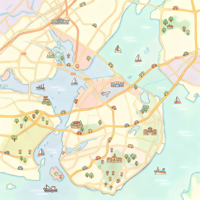 移除这张可爱手绘厦门地图上的所有文字标注信息，保留地图轮廓、核心路线和所有可爱装饰元素，保持整体可爱简约手绘风格不变预览效果