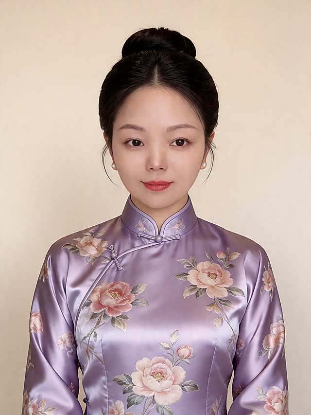 参考图中保留人物脸型、五官特征生成古典优雅女性肖像照，去除黄色马甲，人物盘着头发，身穿淡紫色锦罗缎长旗袍，上面带有牡丹花纹，整体画面风格柔和，展现古典优雅美感，气质温婉端庄，身形匀称，姿态端正，半身肖像构图，人物居中，头部与画面顶部保留合适空间，头肩比例协调，极简干净微微暖调纯色背景，背景光线均匀柔和，画质超高分辨率，细节清晰，写实摄影，皮肤细腻通透，柔光正面补光，面部雾面柔光，轻透裸肌感，肤色均匀，哑光白皙肤质，表情自然温和，眼神柔和，杰作，最佳画质，超高细节，保留人物原有特征
