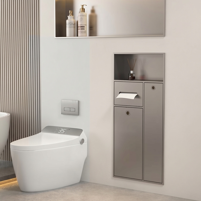 保持马桶和垃圾桶壁龛的角度不变，参考参考图结构，生成现代简约风格的卫生间角落场景，包含智能马桶、嵌入式壁龛垃圾桶和上方置物架，整体干净整洁预览效果