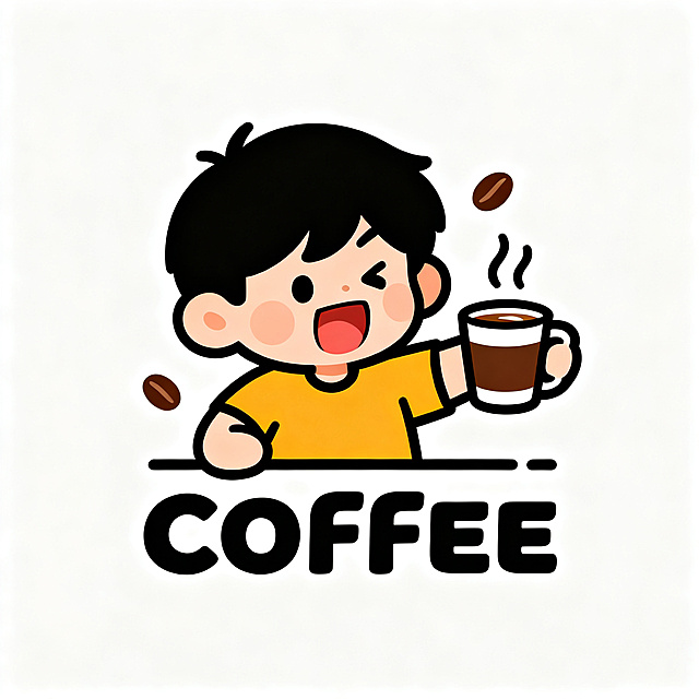 卡通logo设计，一个小男孩手拿咖啡杯，动作夸张，包含咖啡元素，简约可爱的卡通风格