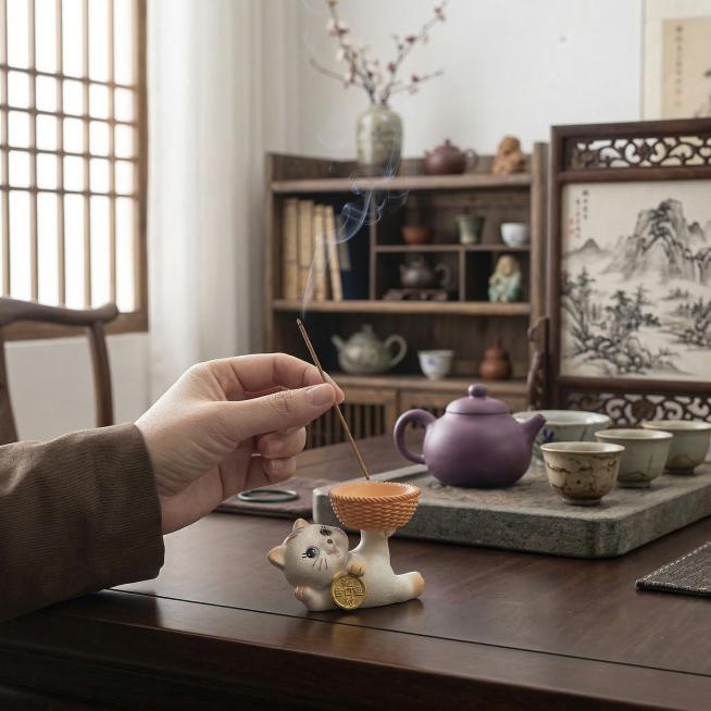 保留前景的猫咪线香插和人手，将背景更换为新中式茶室场景，雅致古朴茶室背景，柔和自然光，保留产品细节，风格统一和谐预览效果