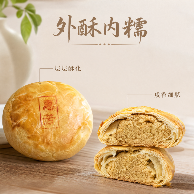 [主图-2]老婆饼与咸豆沙饼核心细节展示图，新中式简约风。氛围风格：自然真实食欲感，简约干净。画质：商业摄影质感，光线柔和通透，产品清晰真实，画面干净高级。元素：保持产品外观、物理结构、材质质感、颜色预览效果