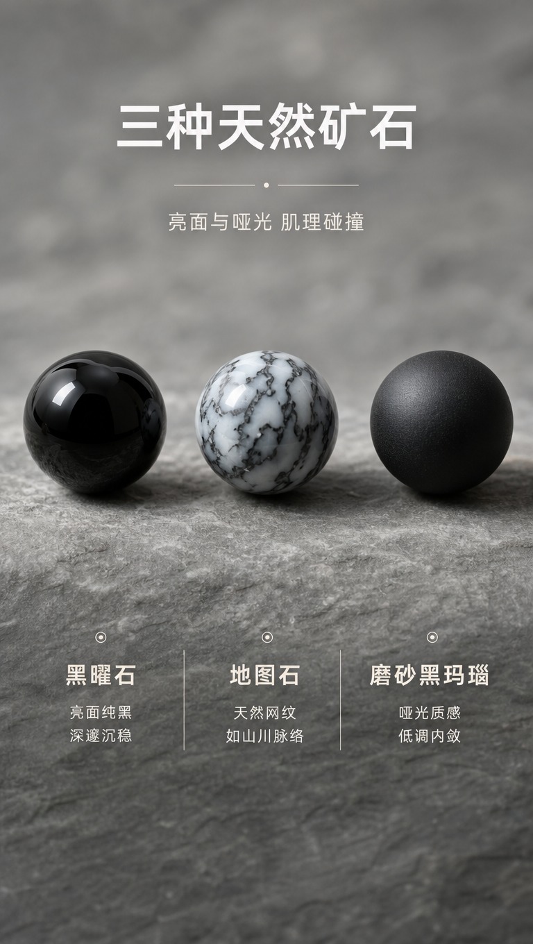 [商品] 同屏展示三颗珠子材质特写：黑曜石【图6】亮面纯黑高光… - 图片创意预览