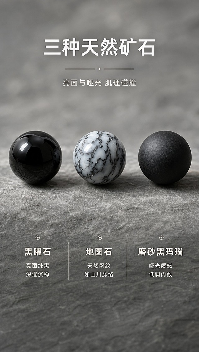 [商品] 同屏展示三颗珠子材质特写：黑曜石【图6】亮面纯黑高光、地图石【图7】灰白天然网状纹路、磨砂黑玛瑙【图8】哑光纯黑质感；三颗珠子横向排列，各自保留原始材质特征，大小一致为10mm圆珠。
[画面] 目标：三石材质介绍，一屏看懂三种石材差异。构图：三颗珠子横向等距排列于画面中部，每颗珠子下方对应名称与简介，上下留白。景别：微距特写。前中后景：前景珠子清晰立体、中景灰色岩石质感台面、后景同色虚化背景。阅读动线：顶部标题→中部三颗珠子横向对比→底部材质说明。
[视觉] 套系策略：风格=高级岩石质感商业摄影，真实如相机拍摄；标题字=阿里巴巴普惠体 Bold；正文字=阿里巴巴普惠体 Regular；主色=冷灰+炭黑；背景延展=基于灰色岩石做深浅层级，整体明亮不黑暗；强调色=暖银灰，仅用于小面积分割线与图标；标题色=米白色；正文色=浅灰色；组件=极简细线分割、圆点标识；光影=顶侧柔光，珠子质感立体，亮面珠有明显高光，哑光珠呈现细腻磨砂感。
[文字] 顶部居中主标题「三种天然矿石」，副标题「亮面与哑光 肌理碰撞」。三颗珠子下方分别标注：「黑曜石 亮面纯黑 深邃沉稳」「地图石 天然网纹 如山川脉络」「磨砂黑玛瑙 哑光质感 低调内敛」。文字横向排版，字号和谐，分布疏朗不密集。
[规格] 图片比例9:16竖版，4K分辨率，淘宝/天猫详情页适配。避免：画面过暗、文字密集拥挤、珠子材质特征混淆、竖排文字、绝对化用语。
