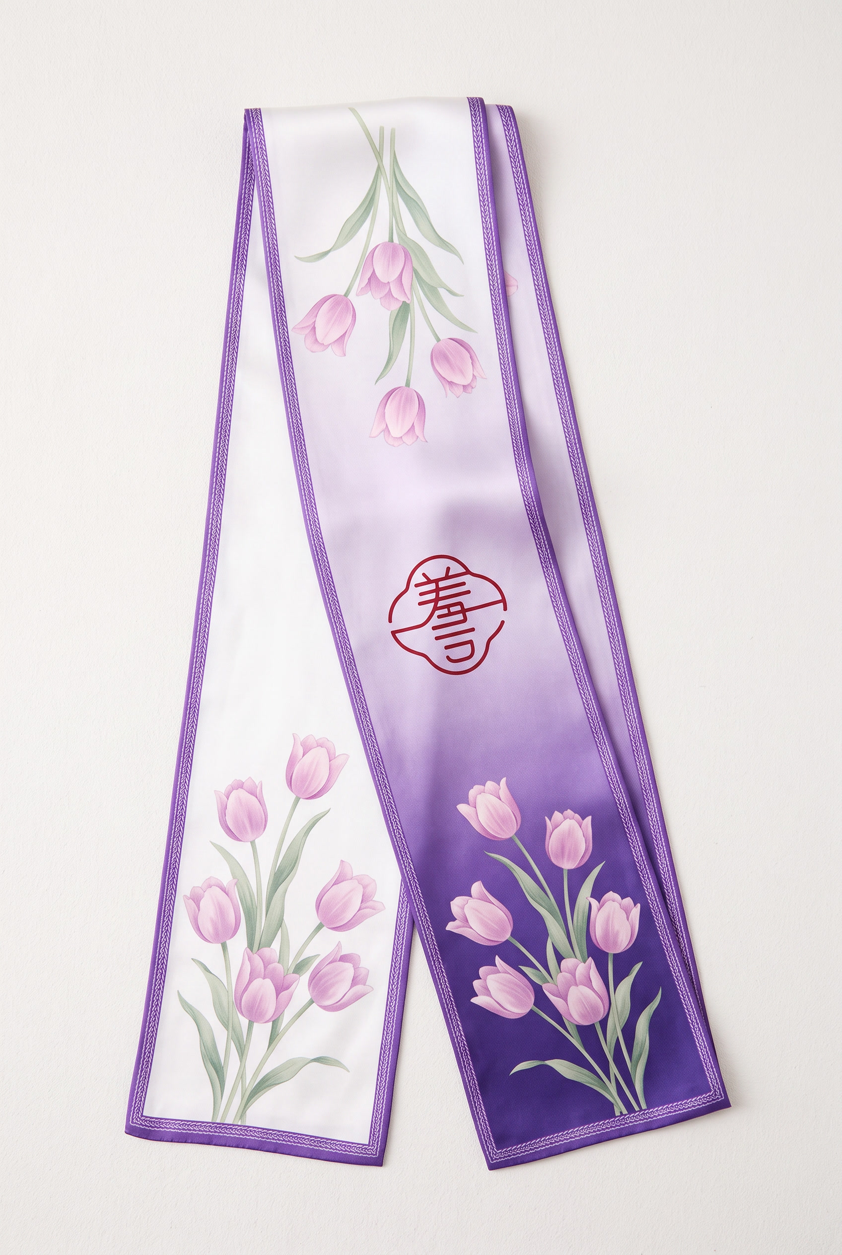 高端女性长条丝巾设计图，可挂在包包上的细长丝巾，正面平铺展示整… - 图片创意预览