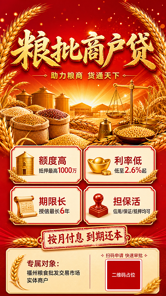 一张红色系金融贷款产品宣传海报，竖版9:16比例，专业大气的商业设计风格。画面上半部分为视觉主区域，下半部分展示信息，整体画面和谐统一。使用粮食、麦穗、粮仓等与粮食批发相关的独特视觉元素，不要使用之前出现过的日历、城市建筑、盾牌、飘带等元素。

【主标题】"粮批商户贷"，大字号加粗，金色立体书法字体，位于画面上半部分居中位置，醒目突出
【副标题】"助力粮商 货通天下"，位于主标题下方，金色小字

画面上半部分视觉元素：饱满的金色麦穗环绕、稻穗颗粒、粮仓剪影、装满粮食的麻袋、称砣天平元素、丰收的光芒效果，红色渐变背景从枣红到正红渐变，加入金色粒子光点点缀，营造丰收富足的氛围

中间区域展示四个核心卖点，采用麦穗装饰的圆角卡片，纵向两列排列：
- "额度高 抵押最高1000万" 配粮仓图标
- "利率低 低至2.6%起" 配金元宝图标
- "期限长 授信最长6年" 配日历卷轴图标
- "担保活 信用/保证/抵押均可" 配印章图标
卡片为米白底红边设计，带有麦穗装饰角

还款方式标签："按月付息 到期还本"，用红色印章样式呈现

底部区域：左侧"专属对象：福州粮食批发交易市场实体商户"，配麦穗小图标；右侧放置二维码占位符（纯色方块，中央标注"二维码占位"文字），上方有"扫码申请 快速审批"引导文字

整体配色：正红色为主色调，搭配金色和米黄色点缀，融入粮食丰收元素，版式精美，层次分明，四周留有安全边距。画面中所有信息区域必须填充完整合理的内容，不得出现空白框或占位横线。画面中所有数字必须精确渲染，不得错位、遗漏或编造。