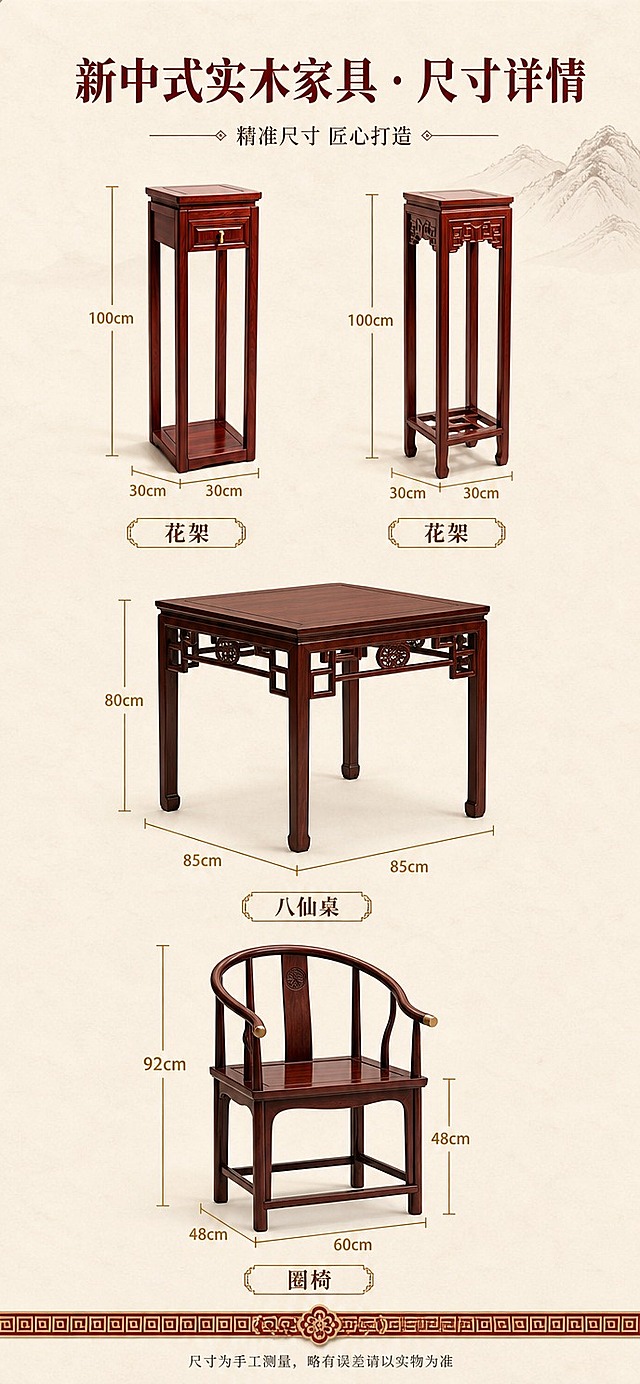 [商品] 使用【图1】带抽屉实木花架、【图4】雕花回纹实木花架、【图2】八仙桌、【图3】圈椅；保留每件家具的结构、红棕色实木材质、雕花细节、比例和颜色；两把花架尺寸一致（高100cm/长宽30cm），八仙桌尺寸参考图6（高80cm/长宽85cm），圈椅尺寸参考图5（总高92cm/坐高48cm/长60cm/宽48cm）。
[画面] 目标：新中式家具三件套尺寸总览详情页，竖版构图，上中下三区域布局。上方区域：左右并排放置两把花架（图1左、图4右），下方标注「花架」字样，配尺寸引线标注高度100cm、长宽30cm×30cm。中间区域：居中放置八仙桌（图2），下方标注「八仙桌」字样，配尺寸引线标注高度80cm、长宽85cm×85cm。下方区域：居中放置圈椅（图3），下方标注「圈椅」字样，配尺寸引线标注总高92cm、坐高48cm、长60cm、宽48cm。整体参考【图6】的尺寸标注方式和排版逻辑，每件家具配金色尺寸引线和数字标注，底部有古典花纹装饰条。产品占画面约65%，留白充足，阅读动线从上到下。
[视觉] 套系策略：风格=新中式雅致商业详情页；标题字=宋体/衬线粗体；正文字=简洁宋体；主色=浅米杏色；背景延展=基于【图7】浅米杏山水纸纹做整页背景，右上角淡墨山水晕染，整体暖米色调；强调色=深棕红+暗金色，仅用于尺寸引线、标签框和装饰线条；标题色=深棕红；正文色=深棕灰；组件=古典回纹边框、金色尺寸引线、圆角标签框、底部中式花纹装饰条；光影=正面均匀暖柔光，家具底部有柔和投影，立体感自然。
[文字] 顶部主标题「新中式实木家具 · 尺寸详情」（≤10字），副标题「精准尺寸 匠心打造」。每件家具下方标注名称（花架/八仙桌/圈椅），尺寸数字清晰可读，单位cm。文字全部横向排版，不遮挡家具主体。底部小字说明「尺寸为手工测量，略有误差请以实物为准」。
[规格] 图片比例竖版750×1600px，4K分辨率，避免变形、错字、文字过小、冷蓝背景、家具颜色改变、结构失真、尺寸标注混乱。