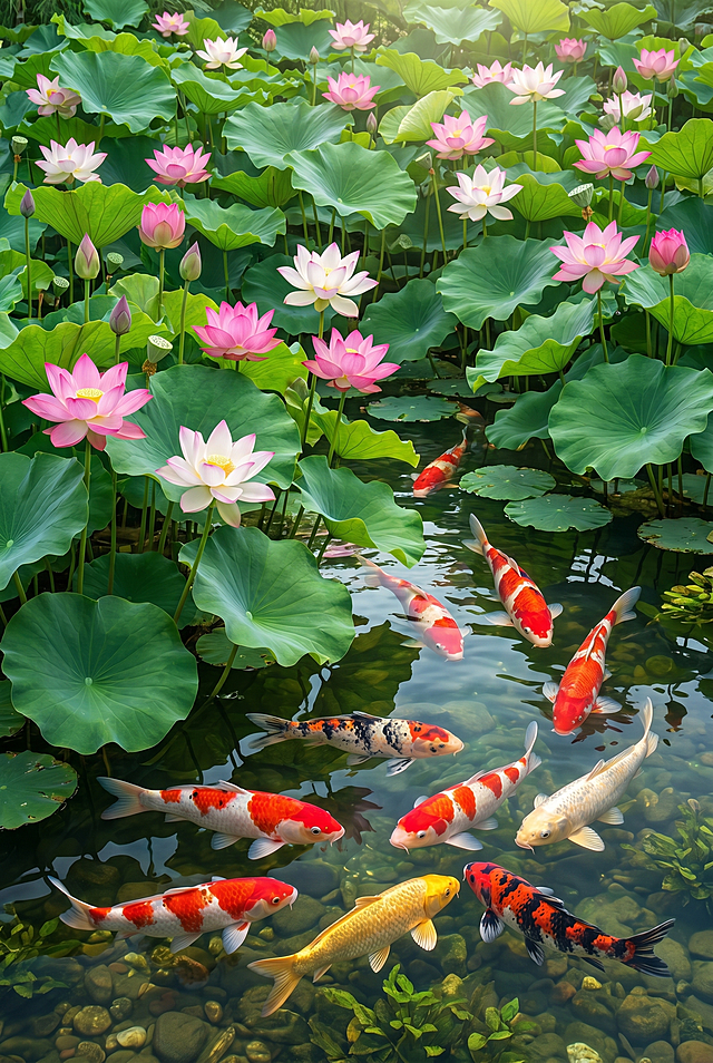 荷塘中有盛开的荷花，九条锦鲤在水中游动，画面清晰，适合高清打印印刷